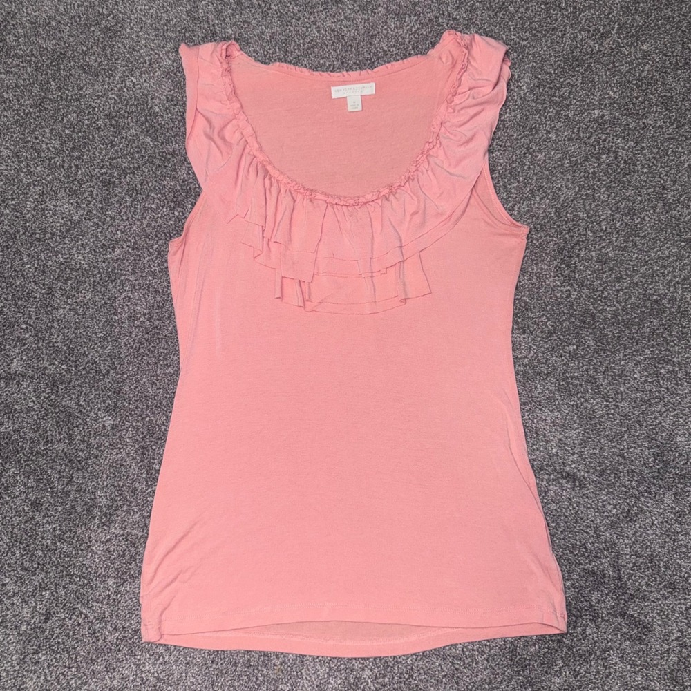 New York & Company Women's Pink Sleeveless Tank Top Layered, Ruffled Trim Medium